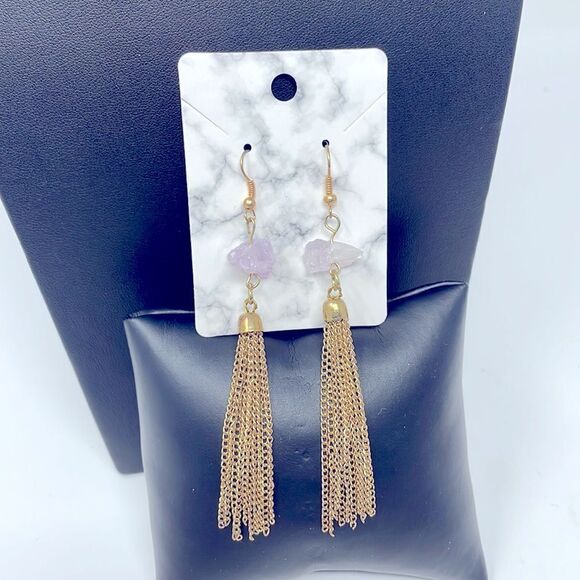 Amethyst Crystal Gold Chain Fringe Earrings - Picture 6 of 7